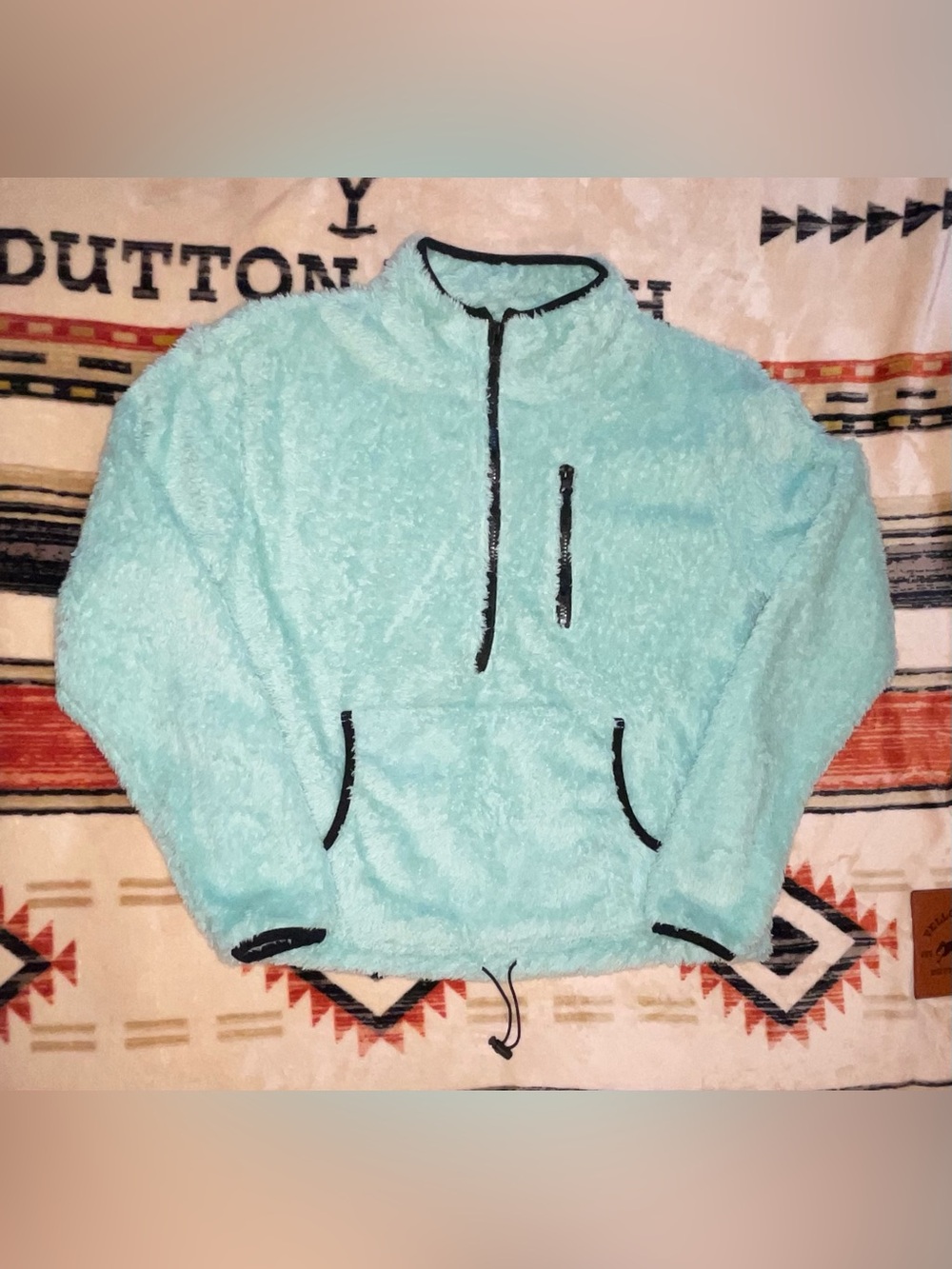 No Boundaries Light Aqua Plush Half-Zip Hoodie with Black Trim
